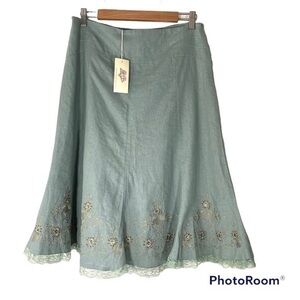 LAST GIRL NWT Linen Skirt Embellished Embroidered L